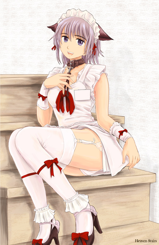 ryp, original, 1girl, animal ears, cat ears, collar, female focus, high heels, maid, panties, purple eyes, purple hair, short hair, sitting, sitting on stairs, solo, stairs, thighhighs, underwear