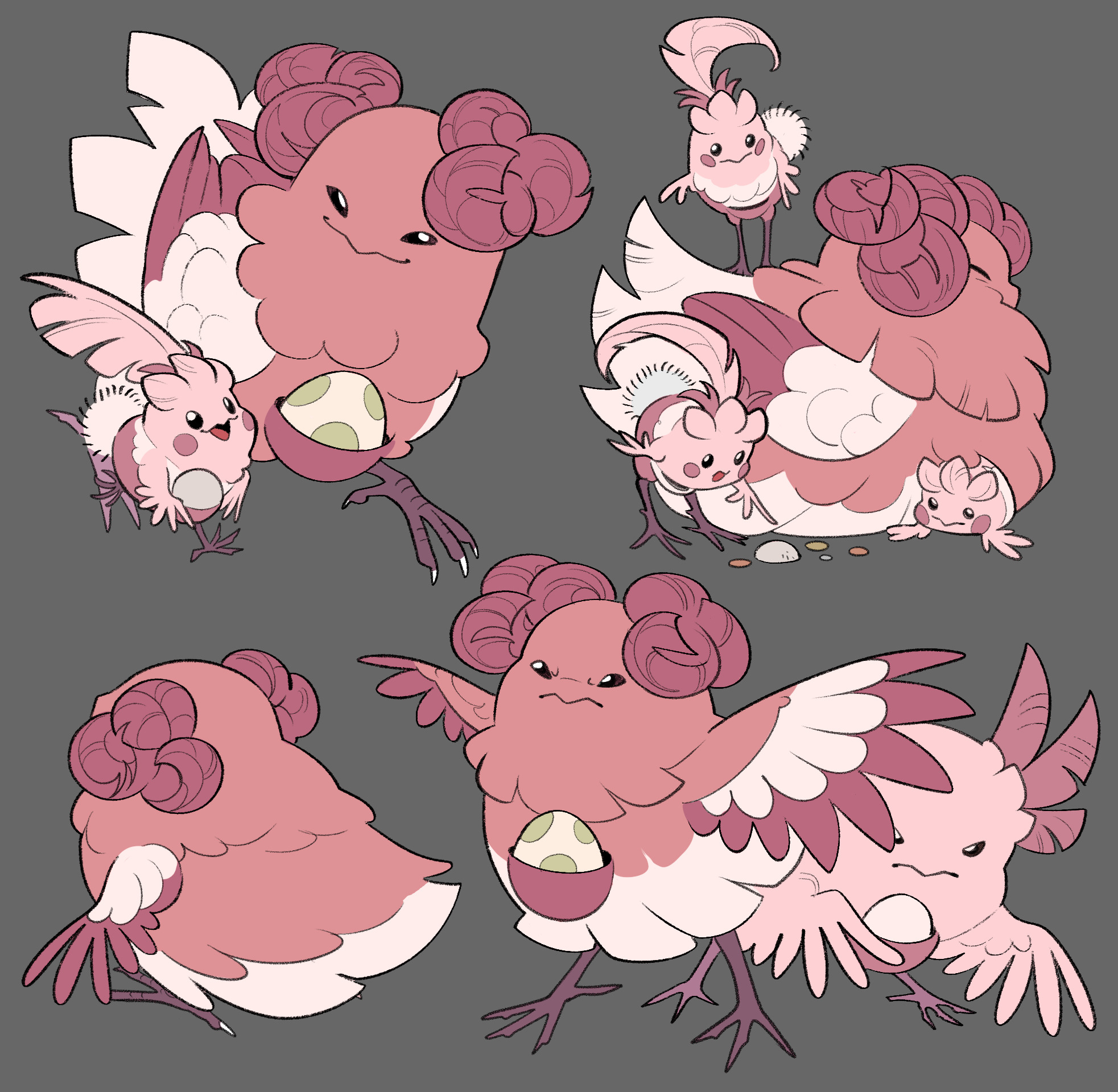 ornitoplatypus, blissey, chansey, happiny, nintendo, pokemon, commentary, english commentary, highres, bird, egg, feathers, gen 1 pokemon, gen 2 pokemon, gen 4 pokemon, grey background, multiple views, pokemon (creature), simple background