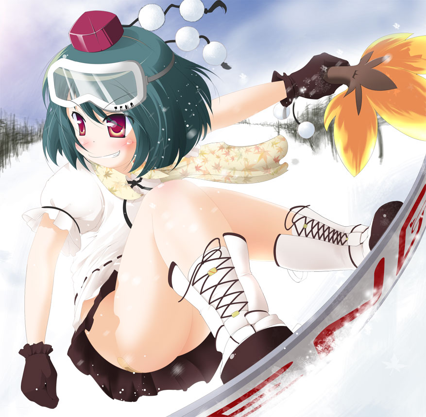 kotatsu (kotatsu3), shameimaru aya, touhou, looking away, 1girl, bandaid, black hair, blush, female focus, gloves, goggles, grin, hand fan, hat, no panties, outdoors, red eyes, scarf, short hair, smile, snow, snowboard, solo, tokin hat