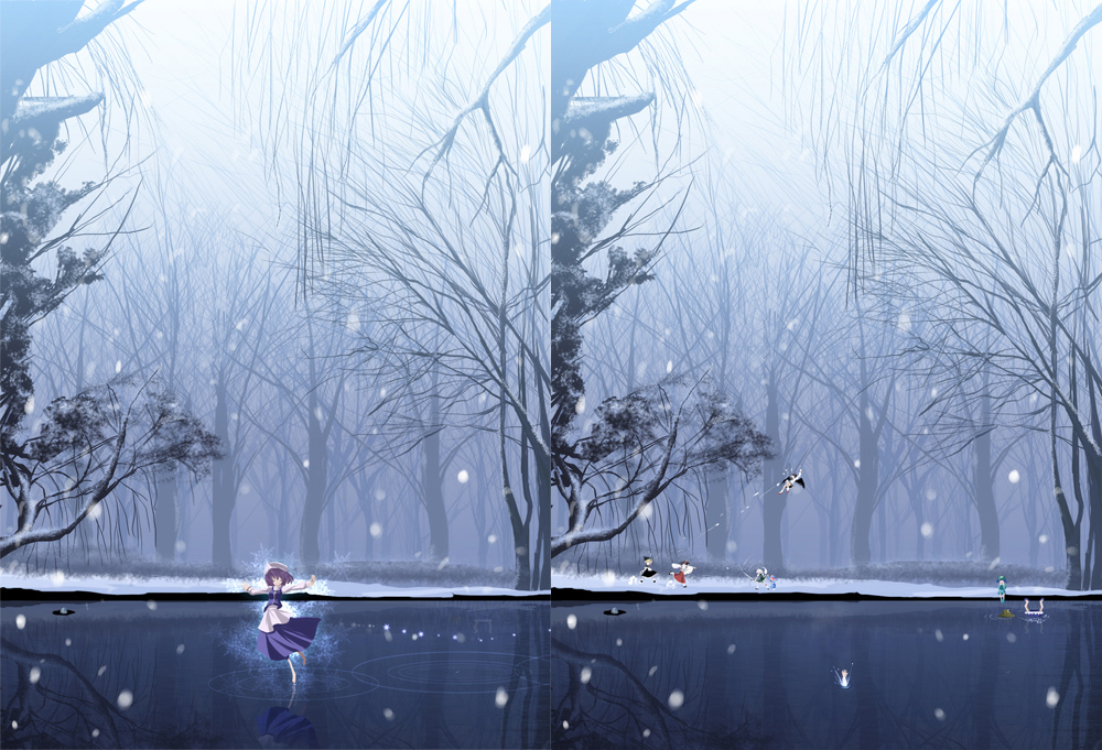 yukizuki chikuba, cirno, hakurei reimu, kawashiro nitori, kirisame marisa, konpaku youmu, letty whiterock, moriya suwako, pyonta, saigyouji yuyuko, shameimaru aya, perfect cherry blossom, touhou, 6+girls, female focus, lake, multiple girls, parody, ripples, scenery, snow, snowing, tree, upside-down, water, winter