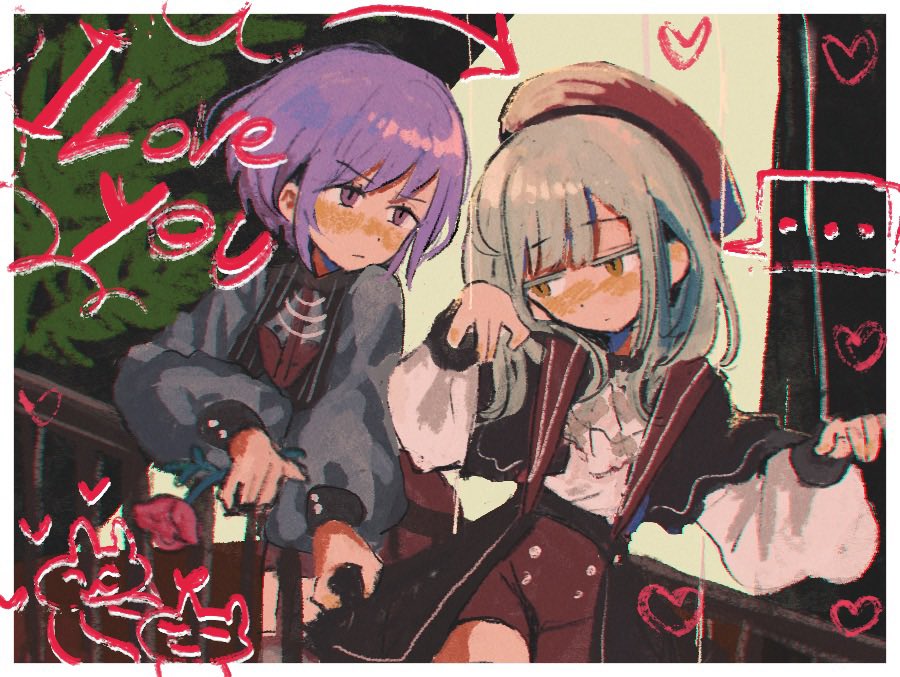 moosu, wakaba mutsumi, yuutenji nyamu, bang dream!, bang dream! it's mygo!!!!!, 2girls, ascot, beret, black capelet, black vest, blunt bangs, blush, border, brooch, buttoned cuffs, buttons, capelet, closed mouth, colored eyelashes, green hair, hair between eyes, hat, heart, holding, holding cloth, jewelry, long hair, long sleeves, looking at another, multiple girls, necklace, puppet strings, railing, red hat, red shorts, scribble background, see-through clothes, see-through sleeves, short hair, shorts, sidelocks, sleeve cuffs, slit pupils, string, striped clothes, striped vest, vertical-striped clothes, vertical-striped vest, vest, white ascot, yellow eyes, yuri