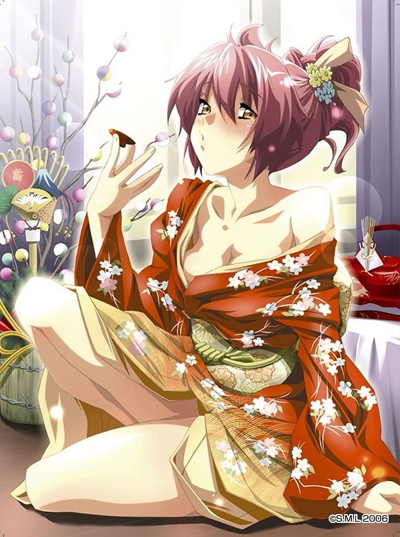 tagme, blush, drunk, japanese clothes, purple hair, short hair, solo