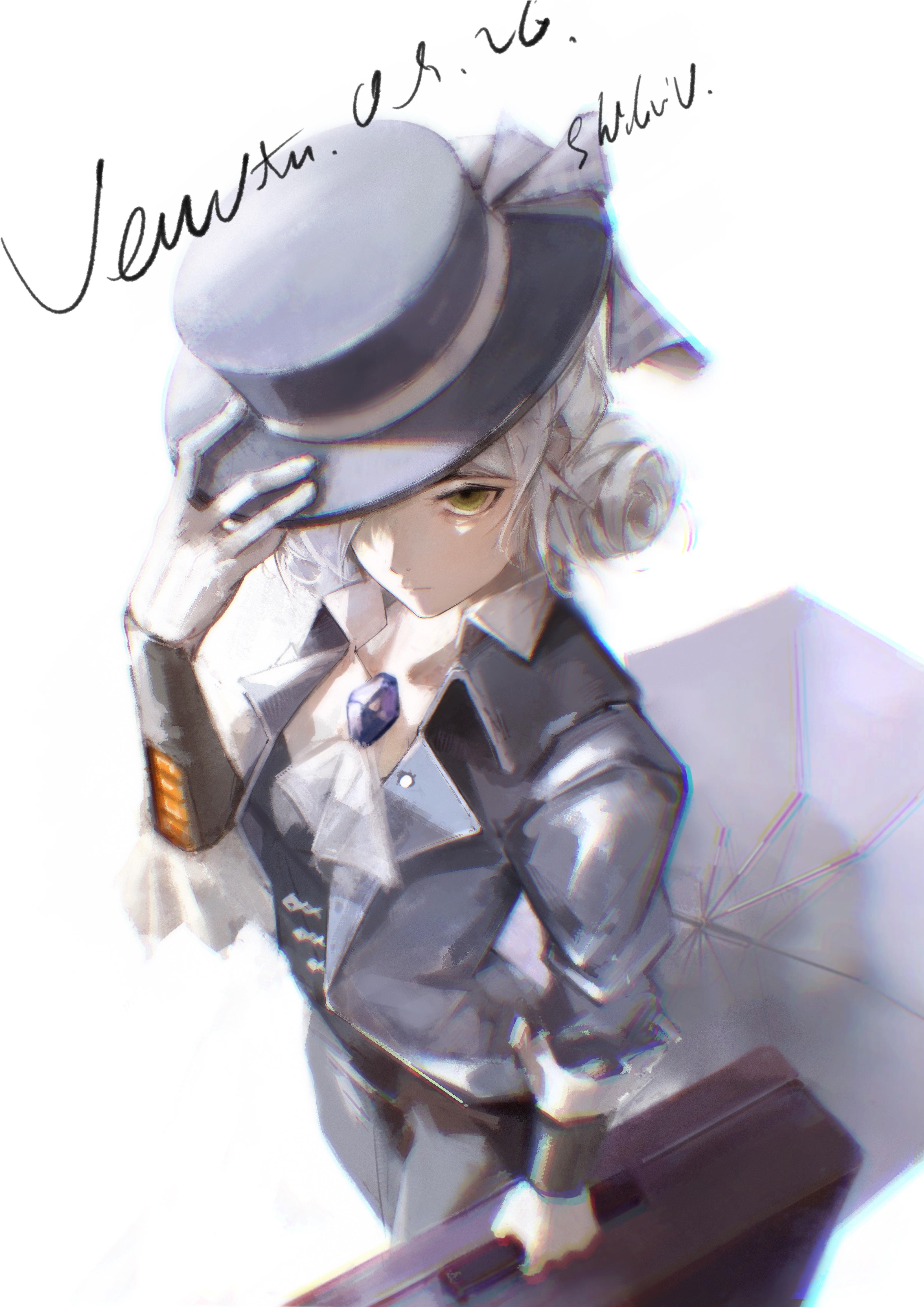 shiki4012, vertin (reverse:1999), reverse:1999, absurdres, highres, 1girl, ascot, black coat, black hat, black pants, black umbrella, blue bow, boater hat, bow, character name, coat, cowboy shot, from above, grey eyes, hair bun, hand on headwear, hand up, hat, hat bow, hat over one eye, looking at viewer, one eye covered, pants, shirt, short hair, single side bun, solo, suitcase, umbrella, white ascot, white background, white shirt