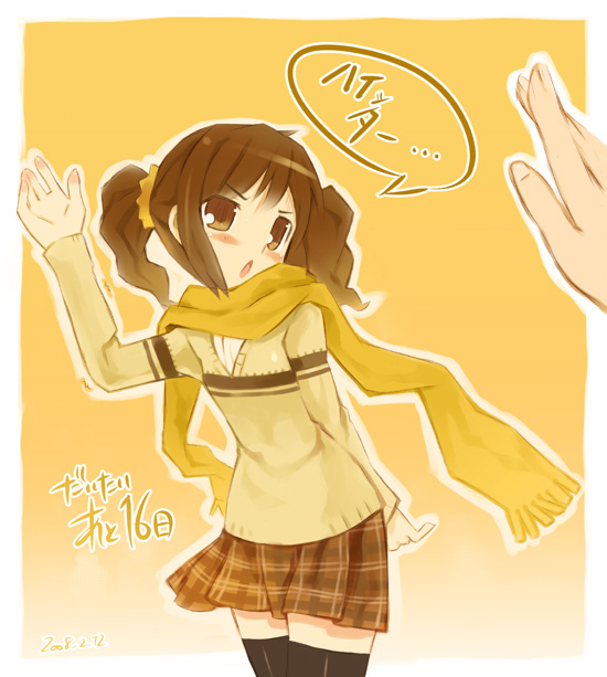 noripachi, takatsuki yayoi, idolmaster, idolmaster (classic), idolmaster 1, 00s, 1girl, brown eyes, brown hair, female focus, scarf, solo, thighhighs, twintails, zettai ryouiki