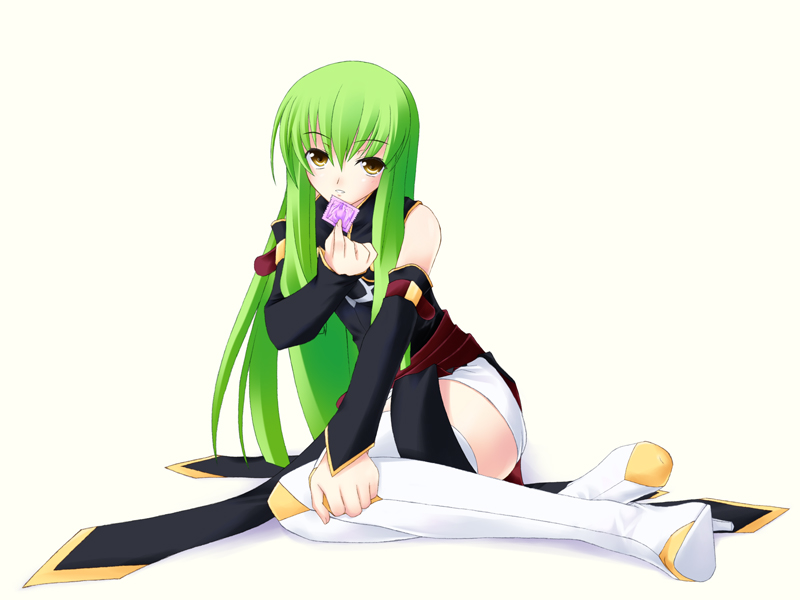iwasaki takashi, c.c., code geass, 00s, 1girl, condom, female focus, long hair, solo, thighhighs, very long hair