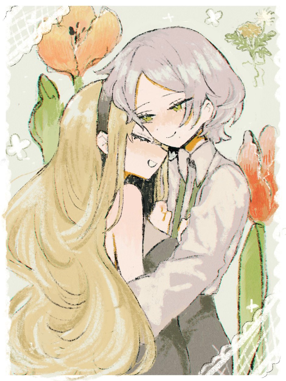moosu, shirokane aki, denonbu, highres, 2girls, black dress, black headband, blonde hair, blush, bob cut, clenched hands, closed eyes, collared shirt, dress, floral background, flower, green eyes, grey hair, haijima ginka, hairband, hands on another's chest, headband, hug, lace, long hair, long sleeves, loose hair strand, lower body, multiple girls, narrowed eyes, pants, parted bangs, red flower, red tulip, shirt, short hair, sidelocks, simple background, slit pupils, smile, suspenders, teeth, tulip, very long hair, yuri