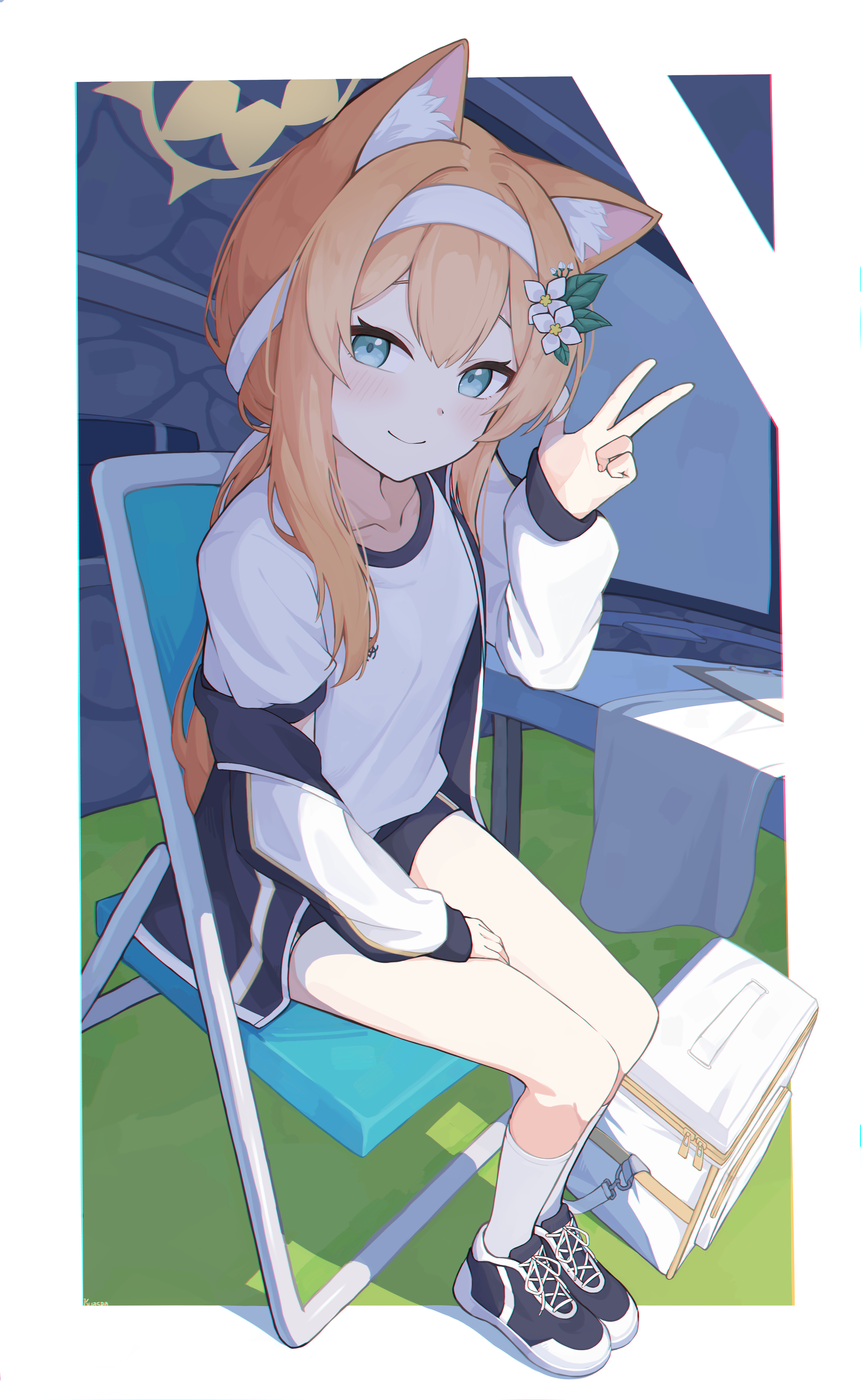 kuaspa, mari (blue archive), mari (track) (blue archive), blue archive, absurdres, commentary, highres, 1girl, animal ears, blue eyes, blue shoes, blue shorts, border, chair, closed mouth, flower, fox ears, full body, gym uniform, hair flower, hair ornament, hairband, halo, hand up, long hair, looking at viewer, off shoulder, official alternate costume, on chair, orange hair, shirt, shoes, shorts, sitting, smile, socks, solo, w, white bag, white border, white hairband, white halo, white shirt, white socks