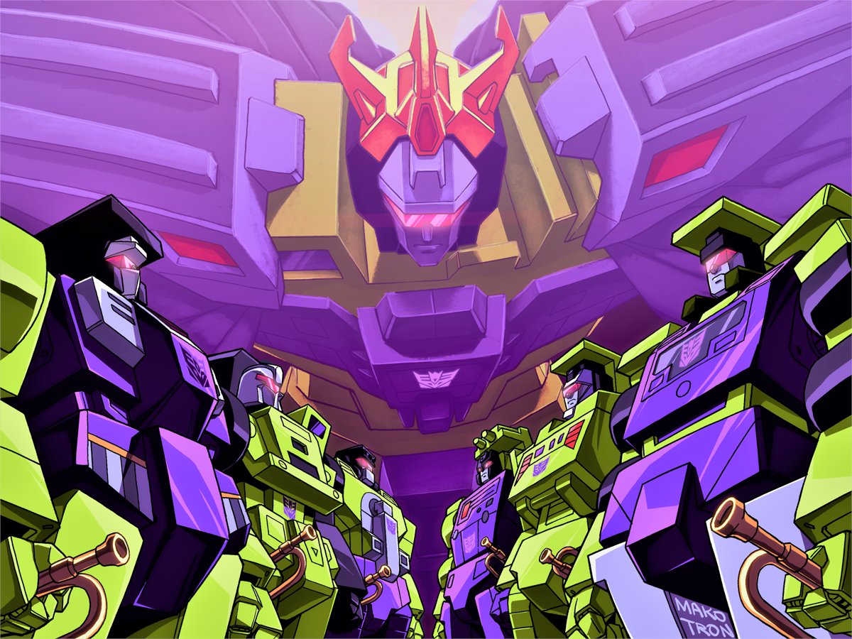 makoto ono, bonecrusher, devastator (transformers), hook (transformers), long haul (transformers), mixmaster, scavenger (transformers), scrapper (transformers), transformers, transformers: generation 1, assault visor, constructicon, crown, decepticon, glowing, glowing eyes, insignia, instrument, mecha, multiple boys, red eyes, robot, science fiction, trumpet