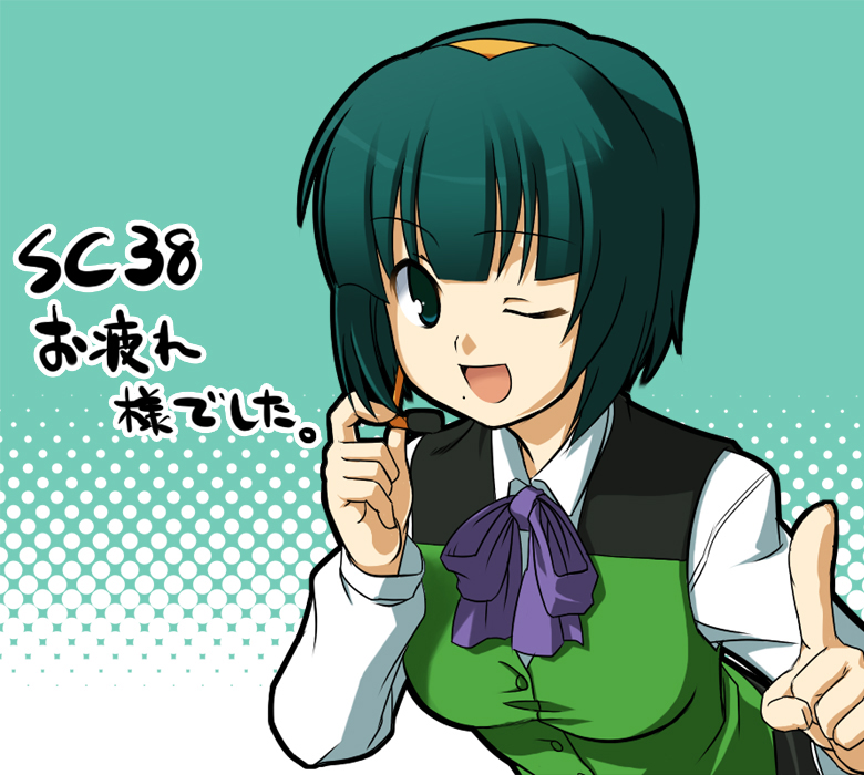 pesi, otonashi kotori, idolmaster, idolmaster (classic), idolmaster 1, 00s, 1girl, ;d, blunt bangs, female focus, green eyes, green hair, hairband, headset, index finger raised, long sleeves, looking at viewer, matching hair/eyes, one eye closed, open mouth, pointing, pointing at viewer, shirt, short hair, smile, solo, upper body, vest, white shirt