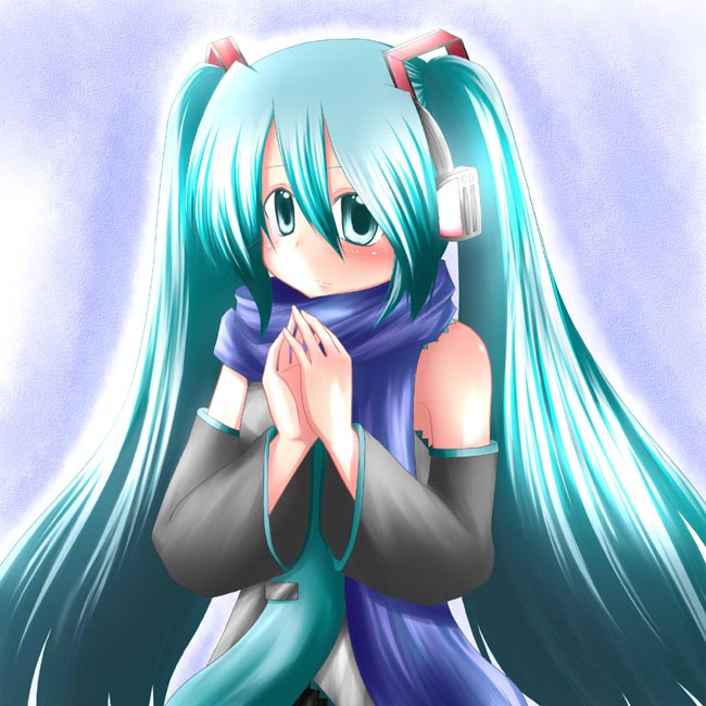 misana, hatsune miku, vocaloid, 1girl, aqua hair, blue scarf, detached sleeves, female focus, looking at viewer, own hands together, scarf, solo, twintails
