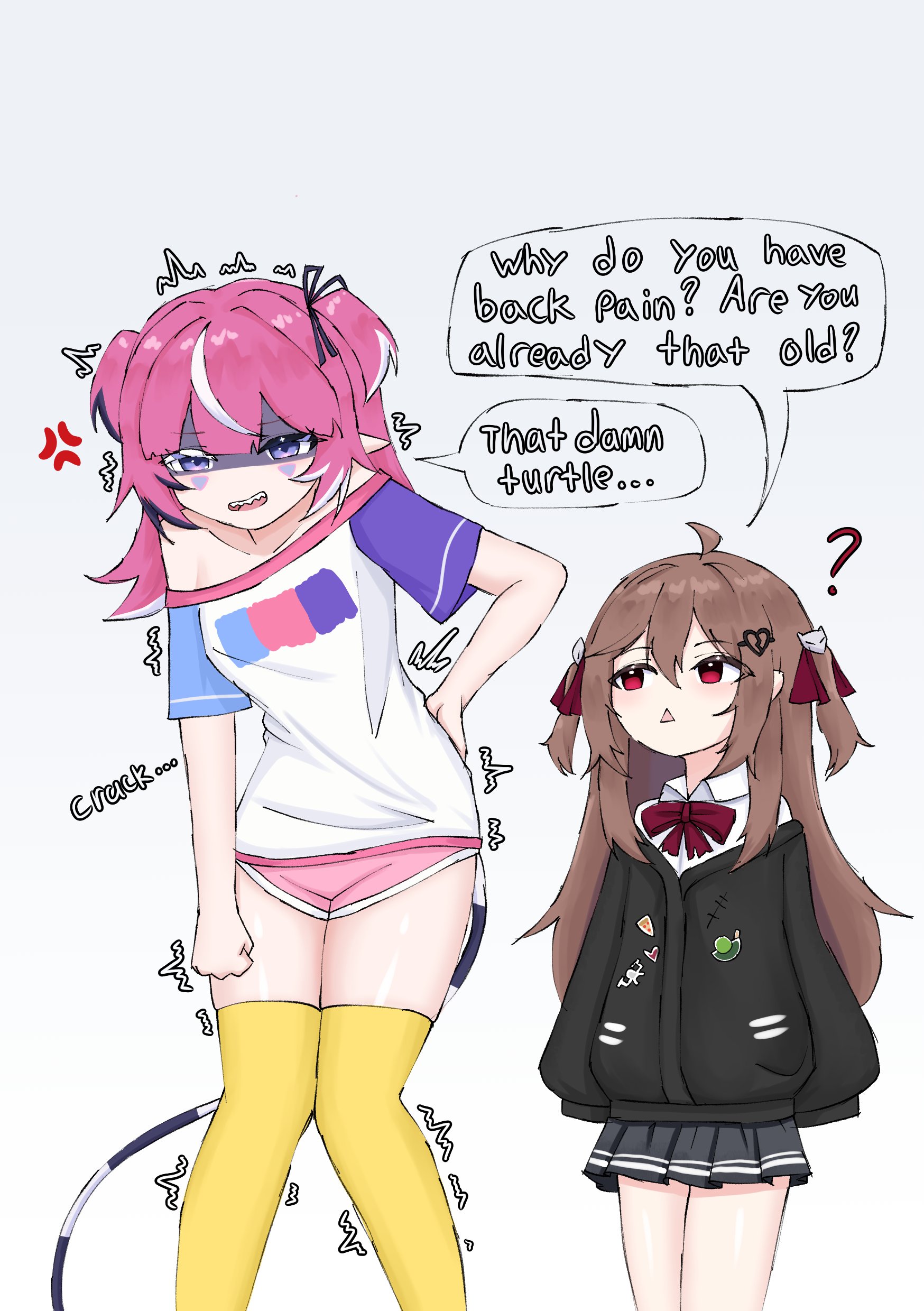 camila (vtuber), evil neuro-sama, neuro-sama, indie virtual youtuber, absurdres, highres, 2girls, ahoge, ander man, black cardigan, bow, bowtie, brown hair, cardigan, english text, facial mark, hair between eyes, hair ornament, hair ribbon, heart, long hair, long sleeves, multicolored hair, multiple girls, pink hair, pointy ears, purple eyes, red bow, red eyes, red ribbon, ribbon, shaded face, shirt, skirt, streaked hair, t-shirt, tail, trembling legs, two side up, vedal ai, virtual youtuber, white hair