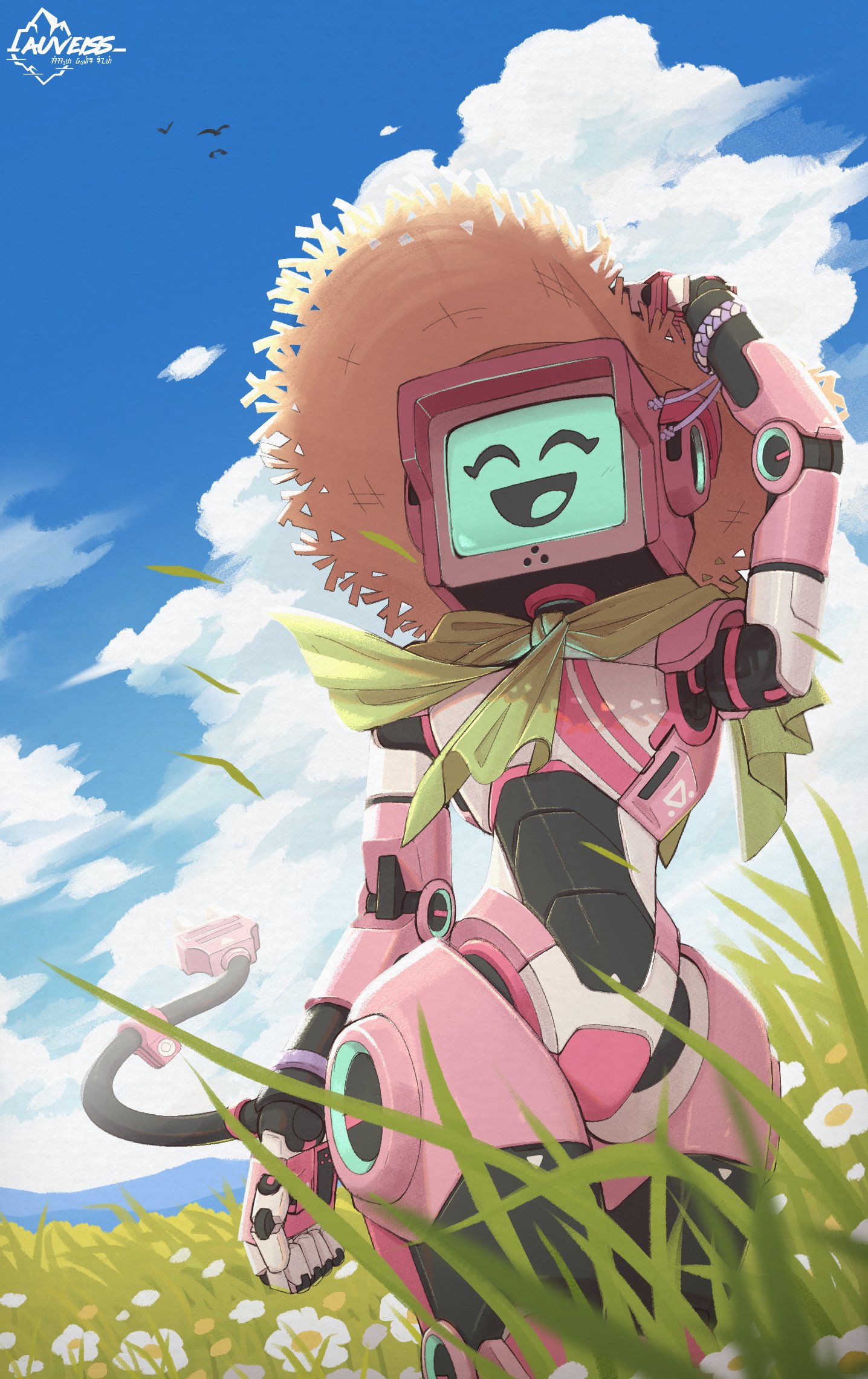 auveiss, original, highres, 1girl, artist name, bird, blue sky, bracelet, cloud, electric plug, electric plug tail, flower, grass, green neckerchief, happy, hat, humanoid robot, jewelry, joints, mechanical arms, mechanical hands, mechanical legs, mechanical tail, monitor, mountain, neckerchief, object head, robot, robot girl, robot joints, sky, smile, straw hat, tail, white flower