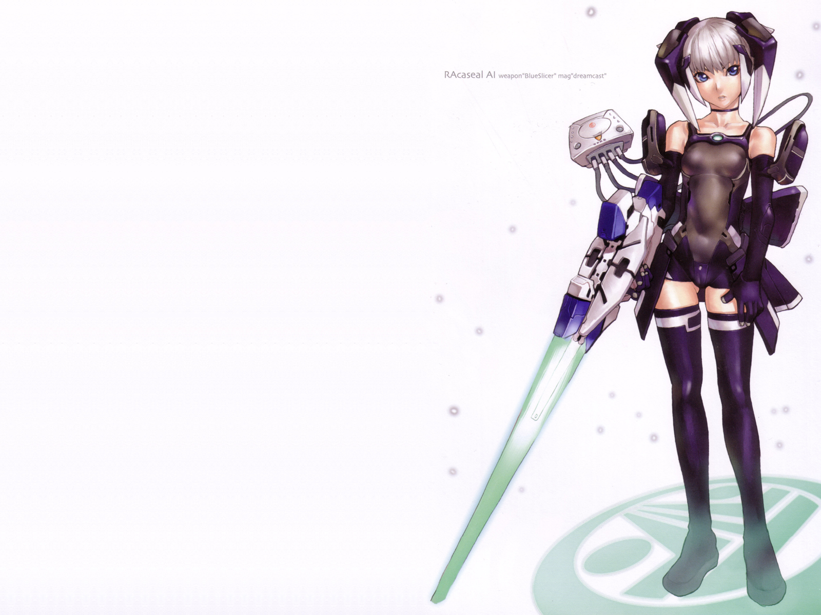 hakua ugetsu, caseal, racaseal, phantasy star, phantasy star online, highres, 1girl, android, black bodysuit, blue eyes, blue thighhighs, bodysuit, boots, cameltoe, choker, elbow gloves, energy sword, female focus, flat chest, game console, gloves, gun, sega dreamcast, short hair, skin tight, solo, sword, thigh boots, thighhighs, weapon, white background, white hair, zettai ryouiki