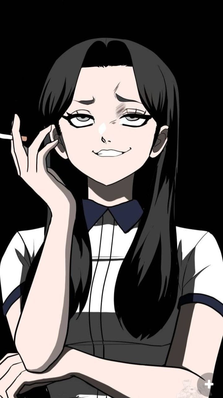 1girl, black background, black hair, breasts, female focus, grey eyes, long hair, looking up, moon yejin, plaything, shirt, smile, smiley face, smoke, teeth, white shirt