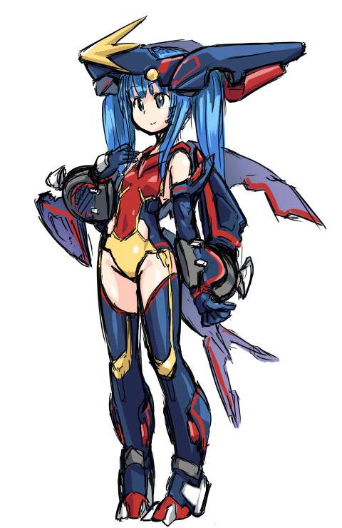 homura subaru, garchomp, nintendo, pokemon, 1girl, blue hair, female focus, gen 4 pokemon, grey eyes, mecha musume, personification, simple background, smile, solo, twintails, white background