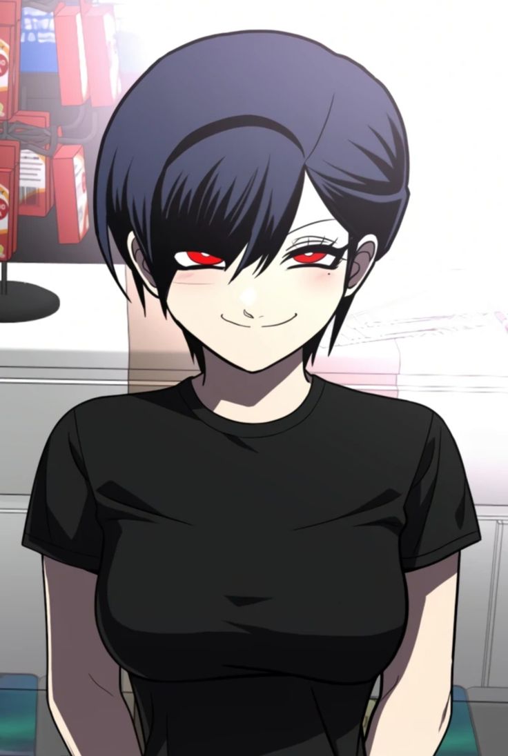 artist request, official art, 1girl, black hair, blush, breasts, fanart digital, female focus, looking at viewer, plaything, red eyes, short hair, smile, smiley face, white background, yoon karma