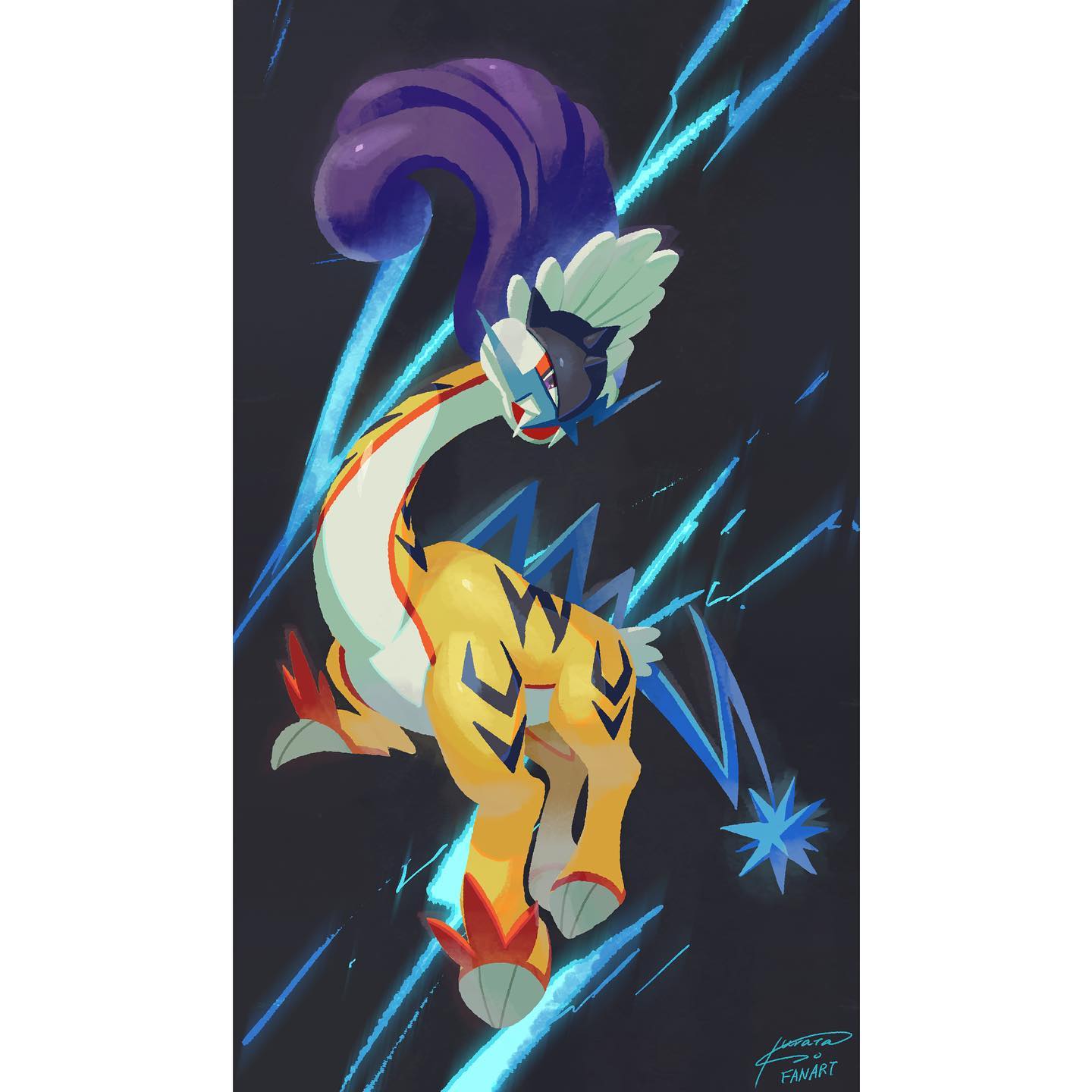 so kurata, raging bolt, nintendo, pokemon, commentary request, hashtag-only commentary, highres, animal focus, electricity, fangs, full body, long neck, no humans, open mouth, pokemon (creature), pokemon focus, signature, solo, v-shaped eyes