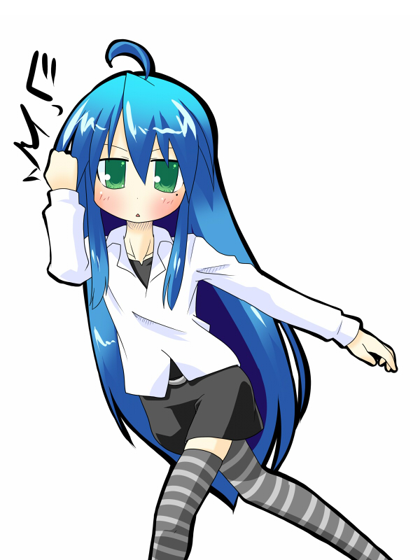 hujikok, izumi konata, lucky star, 00s, 1girl, ahoge, blue hair, female focus, green eyes, long hair, mole, mole under eye, skirt, solo, striped clothes, striped thighhighs, thighhighs, very long hair, zettai ryouiki