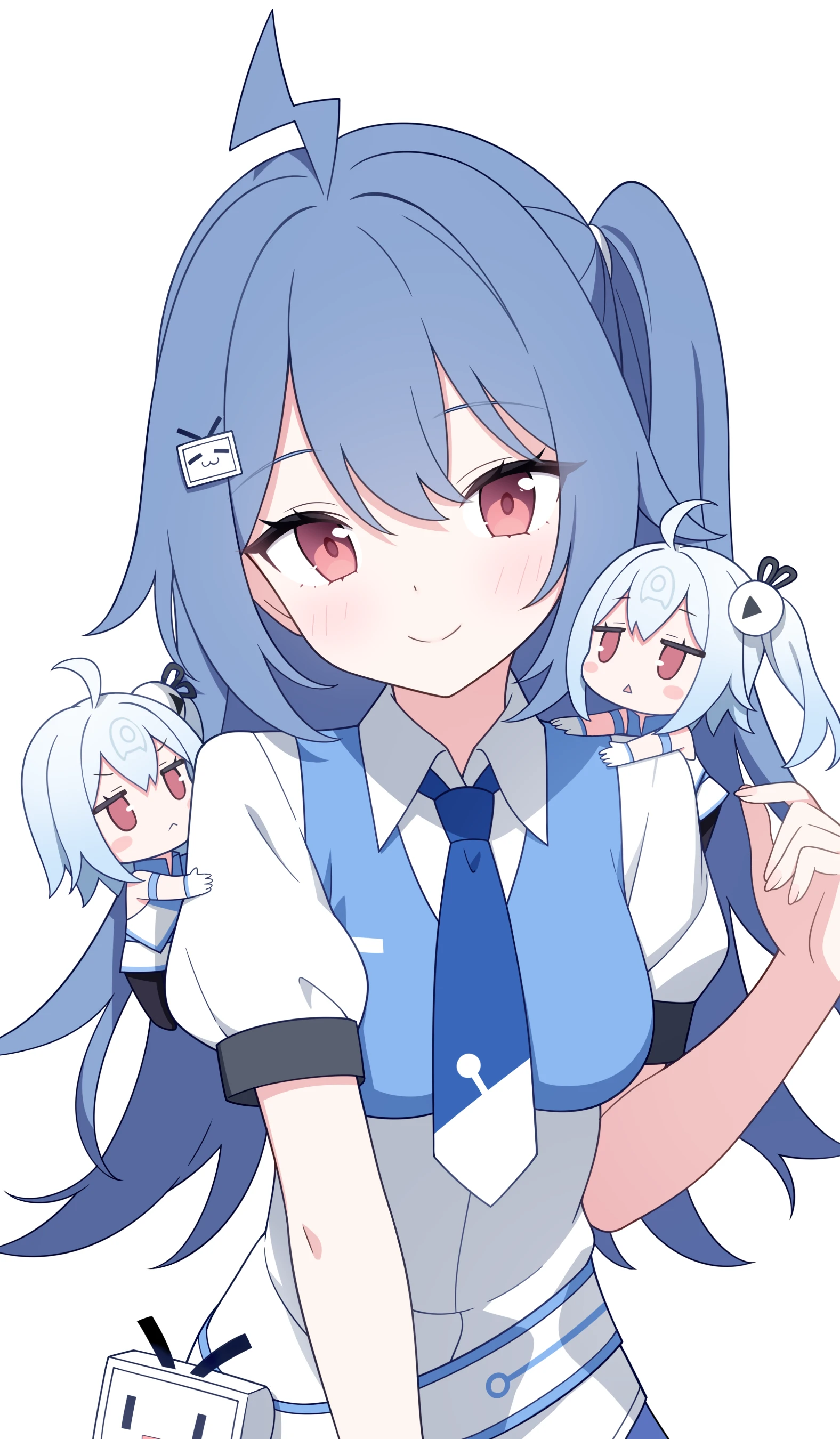 jyt, bili girl 22, bili girl 33, bilibili, absurdres, chinese commentary, highres, making-of available, 3girls, :<, ahoge, aqua hair, black pantyhose, blue hair, blue shirt, blush, blush stickers, breasts, closed mouth, collared shirt, double-parted bangs, eyes visible through hair, gloves, hair between eyes, hair ornament, hand up, jitome, lightning ahoge, long hair, looking at viewer, medium breasts, mini person, minigirl, multicolored shirt, multiple girls, on shoulder, one side up, pantyhose, puffy short sleeves, puffy sleeves, red eyes, shirt, short sleeves, side ponytail, sidelocks, simple background, skirt, smile, solo focus, sphere hair ornament, split mouth, triangle mouth, tv hair ornament, two-tone shirt, upper body, white background, white gloves, white shirt, white skirt