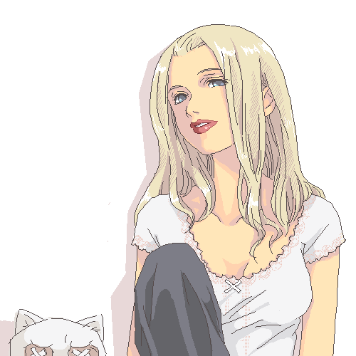 lowres, 1girl, blonde hair, button eyes, buttons, female focus, lipstick, makeup, oekaki, solo, stuffed animal, stuffed toy