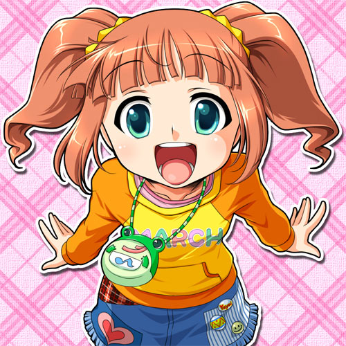 manjiduka, takatsuki yayoi, idolmaster, idolmaster (classic), idolmaster 1, lowres, 00s, green eyes, raglan sleeves, red hair, skirt, solo, twintails