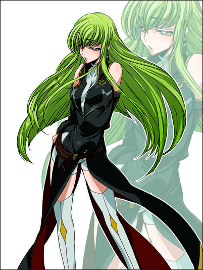 c.c., code geass, non-web source, 00s, 1girl, bare shoulders, female focus, green hair, long hair, solo, thighhighs, zoom layer
