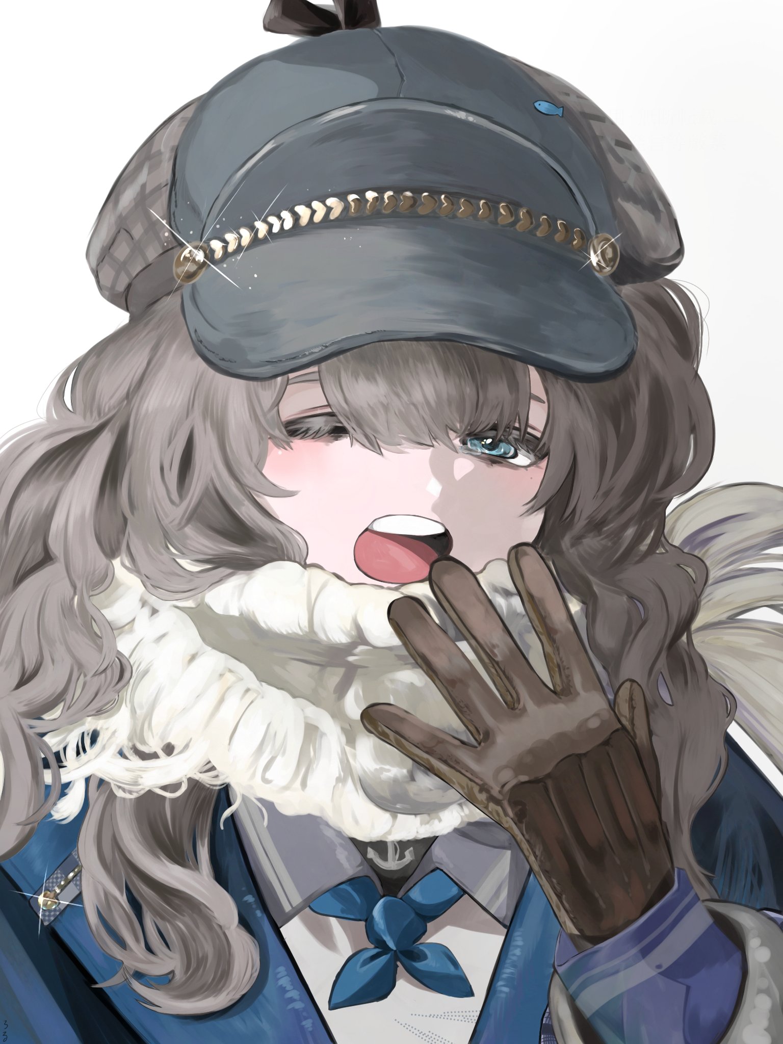 marcus (reverse:1999), reverse:1999, highres, 1girl, ;o, blue coat, blue eyes, blue neckerchief, brown gloves, brown hair, coat, gloves, grey hat, hand up, hat, long hair, looking at viewer, neckerchief, newsboy cap, one eye closed, open mouth, roru (5viaz8yjoo43874), scarf, solo, upper body, white background, white scarf, yawning