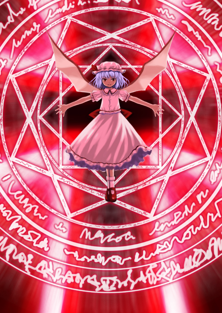 kagura mizuki, remilia scarlet, touhou, 1girl, female focus, hat, magic circle, mob cap, octagram, red background, solo, wings