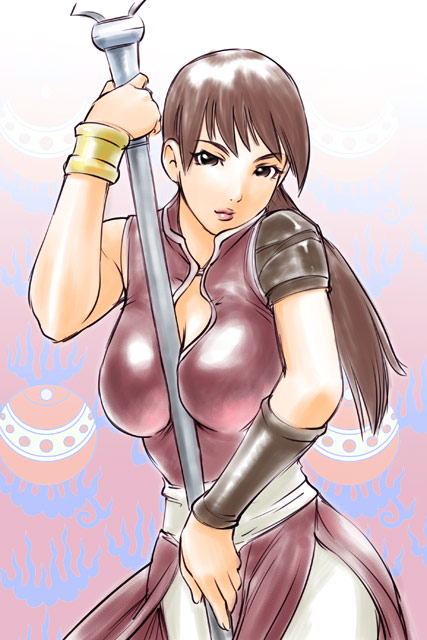 ueyama michirou, balsa, seirei no moribito, 1girl, between breasts, breasts, brown eyes, brown hair, female focus, long hair, polearm, solo, spear, weapon
