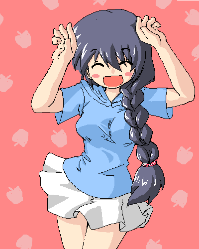 lowres, 1girl, braid, braided ponytail, caramelldansen, female focus, oekaki, skirt, solo