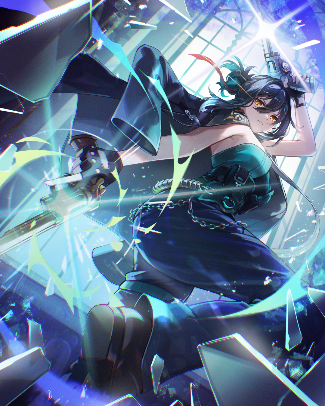 kyusoukyu, longjing (xinyue tongxing), xinyue tongxing, highres, 1girl, arm up, black gloves, black hair, black jacket, black pants, black shoes, closed mouth, dual wielding, eye trail, feet out of frame, fingerless gloves, from below, from side, glass shards, glint, gloves, green shirt, gun, hair between eyes, hair bun, hand up, handgun, holding, holding gun, holding weapon, jacket, jacket on shoulders, leg up, light trail, looking at viewer, medium hair, pants, revolver, shirt, shoes, solo, strapless, strapless shirt, weapon, window, yellow eyes
