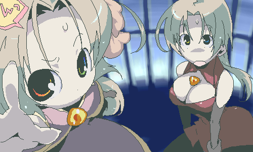 lowres, 2girls, heterochromia, multiple girls, oekaki, perspective