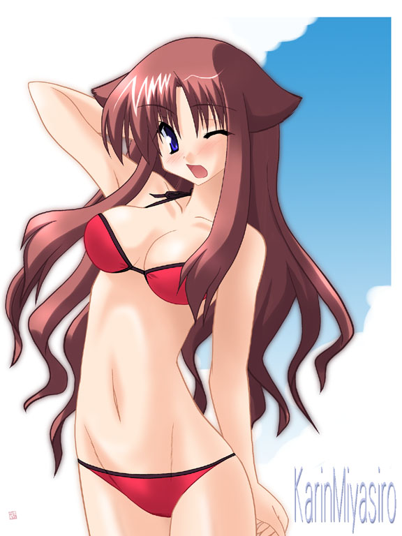 saano chia, miyashiro karin, suigetsu, 1girl, animal ears, arm up, bikini, breasts, character name, cowboy shot, female focus, long hair, medium breasts, navel, one eye closed, open mouth, purple eyes, red bikini, sky, solo, swimsuit, wink