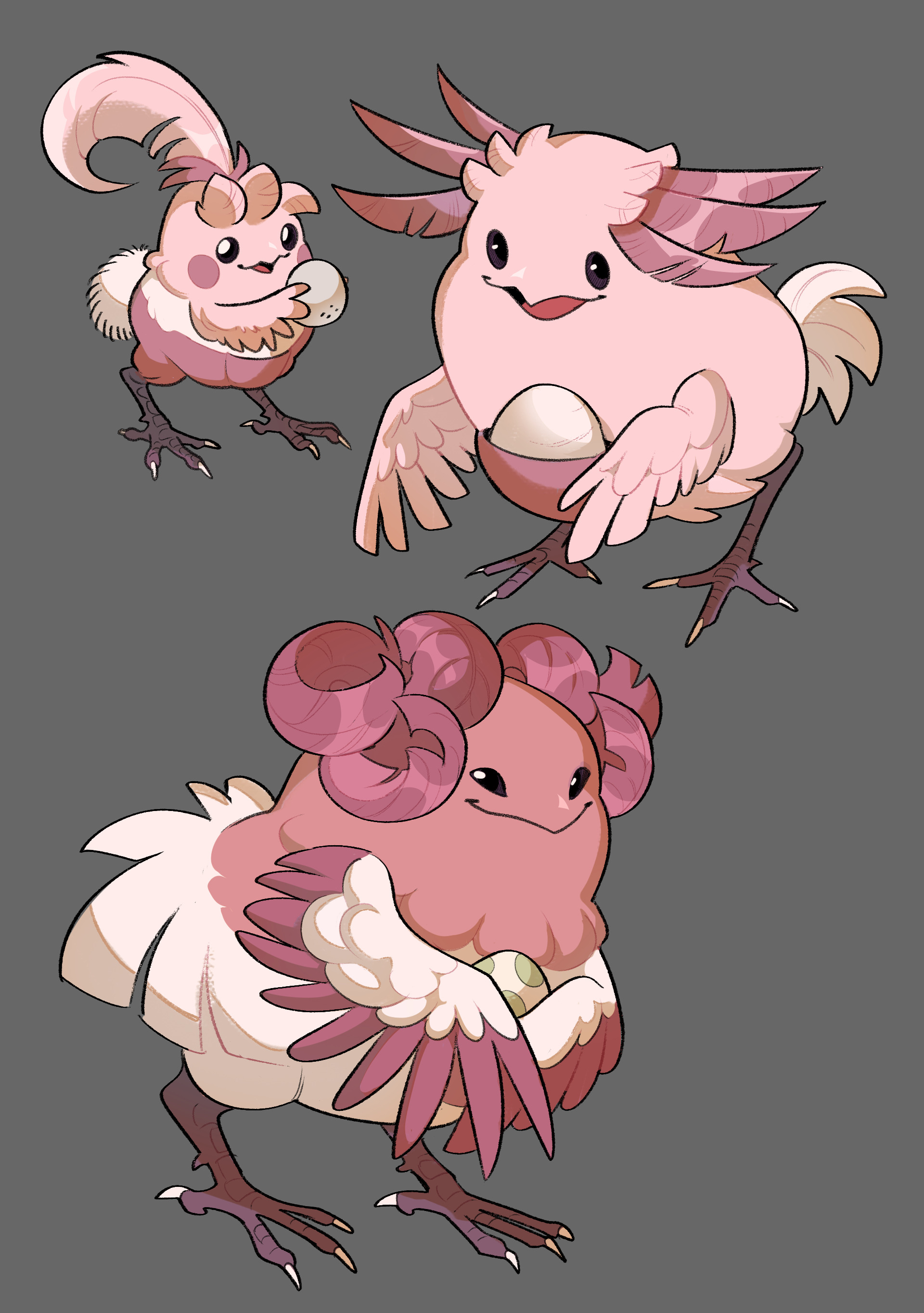 ornitoplatypus, blissey, chansey, happiny, nintendo, pokemon, absurdres, highres, bird, black eyes, egg, evolutionary line, feathers, gen 1 pokemon, gen 2 pokemon, gen 4 pokemon, grey background, no humans, open mouth, pokemon (creature)