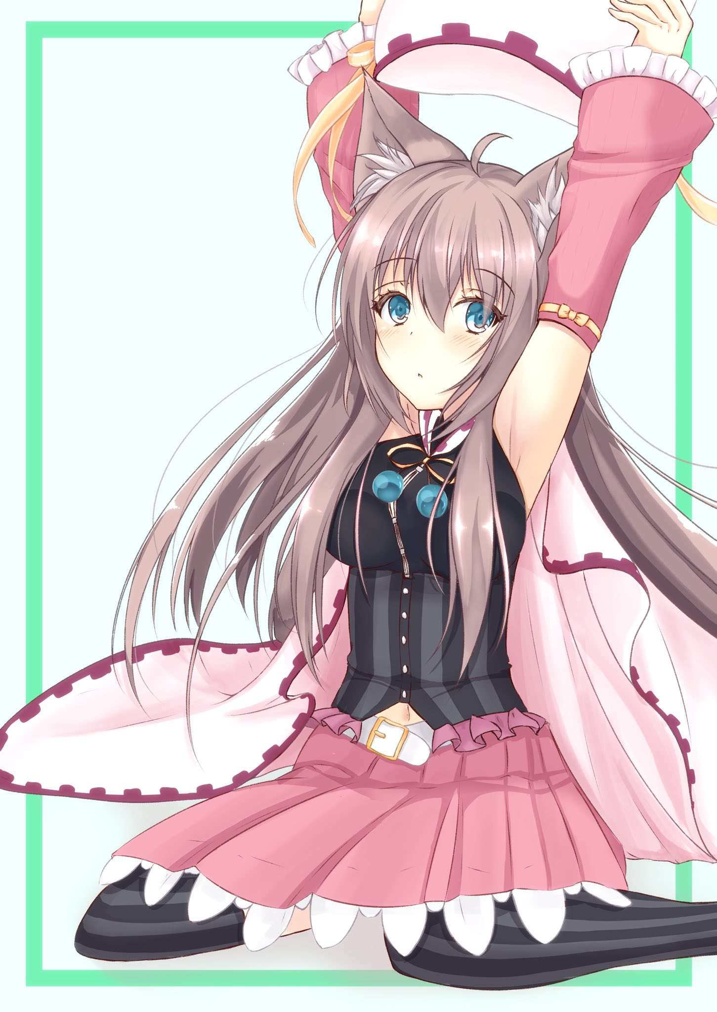 all justice, shiiba tsumugi, sanoba witch, commentary request, highres, 1girl, ahoge, animal ear fluff, animal ears, armpits, arms up, black shirt, black thighhighs, blue eyes, blush, breasts, brown hair, cape, cat ears, cat girl, detached sleeves, floating hair, foot out of frame, frilled sleeves, frills, hair between eyes, hat, hat ribbon, holding, holding unworn clothes, holding unworn hat, kemonomimi mode, large breasts, long hair, long sleeves, looking at viewer, magical girl, miniskirt, parted lips, pink skirt, pleated skirt, ribbon, shirt, simple background, skirt, sleeveless, sleeveless shirt, solo, straight hair, striped clothes, striped thighhighs, thighhighs, unworn hat, unworn headwear, vertical-striped clothes, vertical-striped thighhighs, very long hair, white background, white cape, white hat, wide sleeves, yellow ribbon