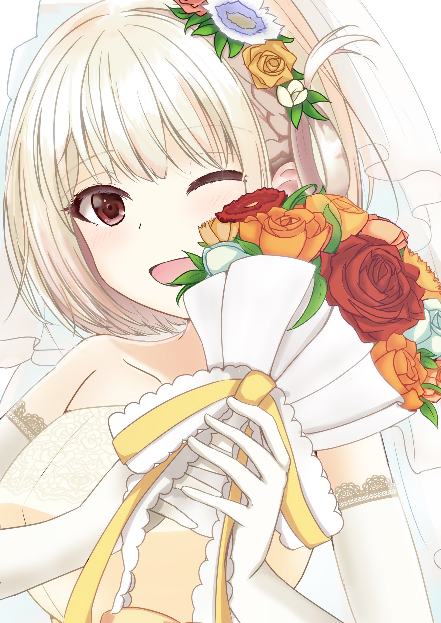 all justice, nishikigi chisato, lycoris recoil, commentary request, highres, 1girl, ;d, alternate costume, bare shoulders, blonde hair, blush, bouquet, breasts, bridal veil, bride, collarbone, dress, elbow gloves, eyelashes, flower, gloves, hair flower, hair ornament, hands up, happy, holding, holding bouquet, large breasts, looking at viewer, one eye closed, open mouth, orange flower, orange rose, red eyes, red flower, red rose, rose, short hair, simple background, smile, solo, straight hair, upper body, veil, wedding dress, white background, white flower, white gloves, white rose