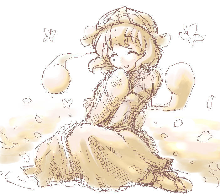 manjiduka, saigyouji yuyuko, touhou, 1girl, brown theme, female focus, hat, monochrome, oekaki, solo