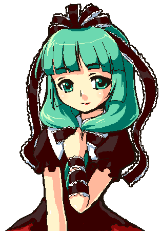 manjiduka, kagiyama hina, touhou, lowres, 1girl, aqua eyes, aqua hair, blunt bangs, bow, bowtie, dress, female focus, frills, front ponytail, hair bow, looking at viewer, puffy short sleeves, puffy sleeves, red bow, red bowtie, red dress, shawl, short hair, short sleeves, simple background, solo, upper body, white background, wrist cuffs