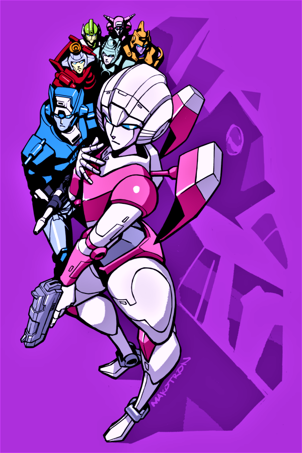 makoto ono, arcee, chromia, elita one, firestar (transformers), moonracer, transformers, transformers: generation 1, autobot, blue eyes, greenlight (transformers), gun, handgun, helmet, humanoid robot, insignia, metal skin, multiple girls, robot, robot girl, science fiction, thighs, weapon