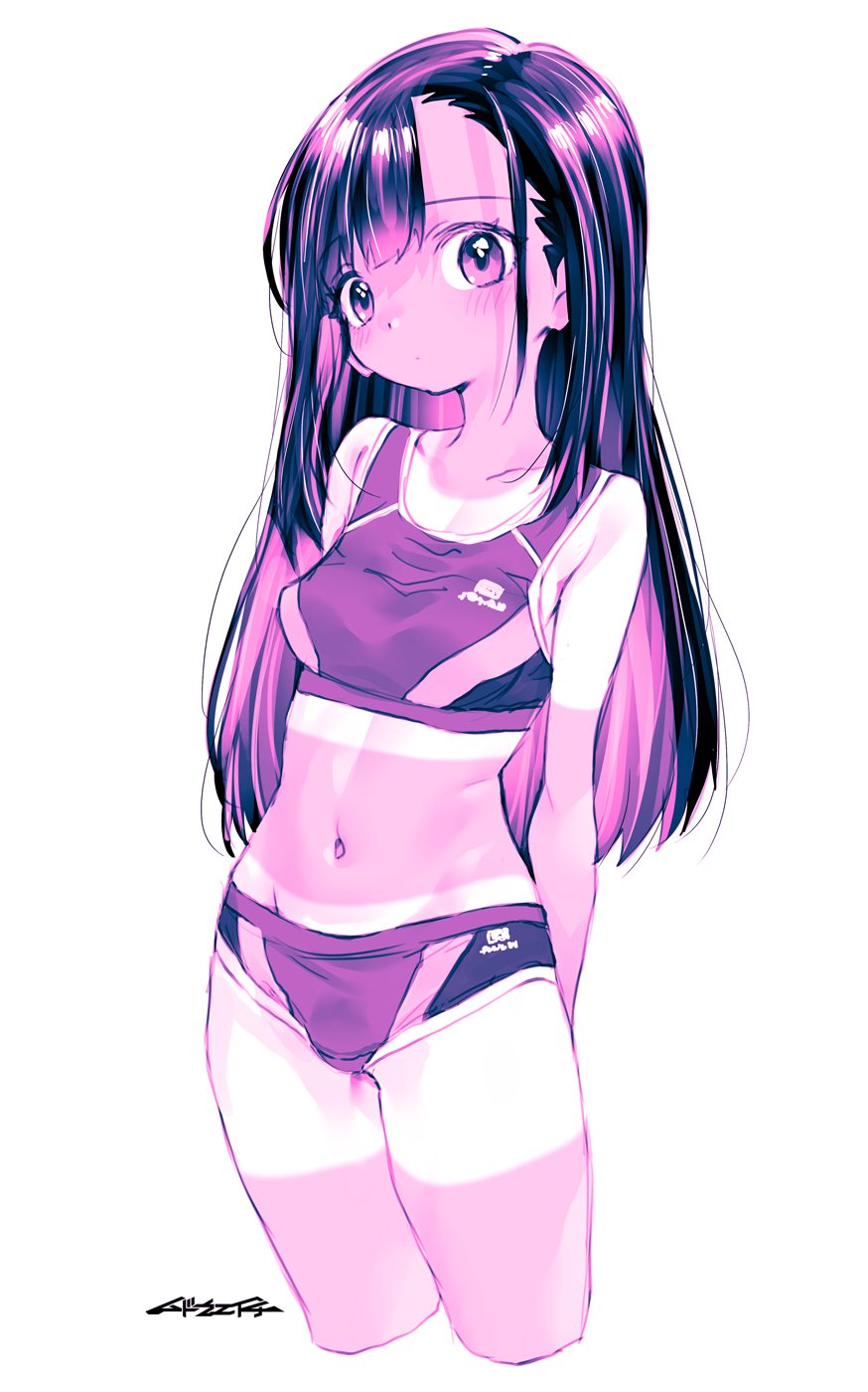 mudou eichi, original, highres, 1girl, breasts, dark skin, long hair, looking at viewer, pink eyes, small breasts, solo, sports bra, sports panties, tan, tanline, white background