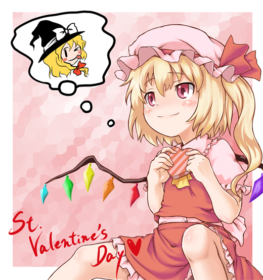 myonde, flandre scarlet, kirisame marisa, touhou, 2girls, ascot, blonde hair, box, clenched hands, collar, crystal, demon wings, dress, english text, female focus, happy valentine, heart-shaped box, multiple girls, puffy short sleeves, puffy sleeves, red dress, short sleeves, sitting, speech bubble, text focus, thought bubble, valentine, wings, yuri
