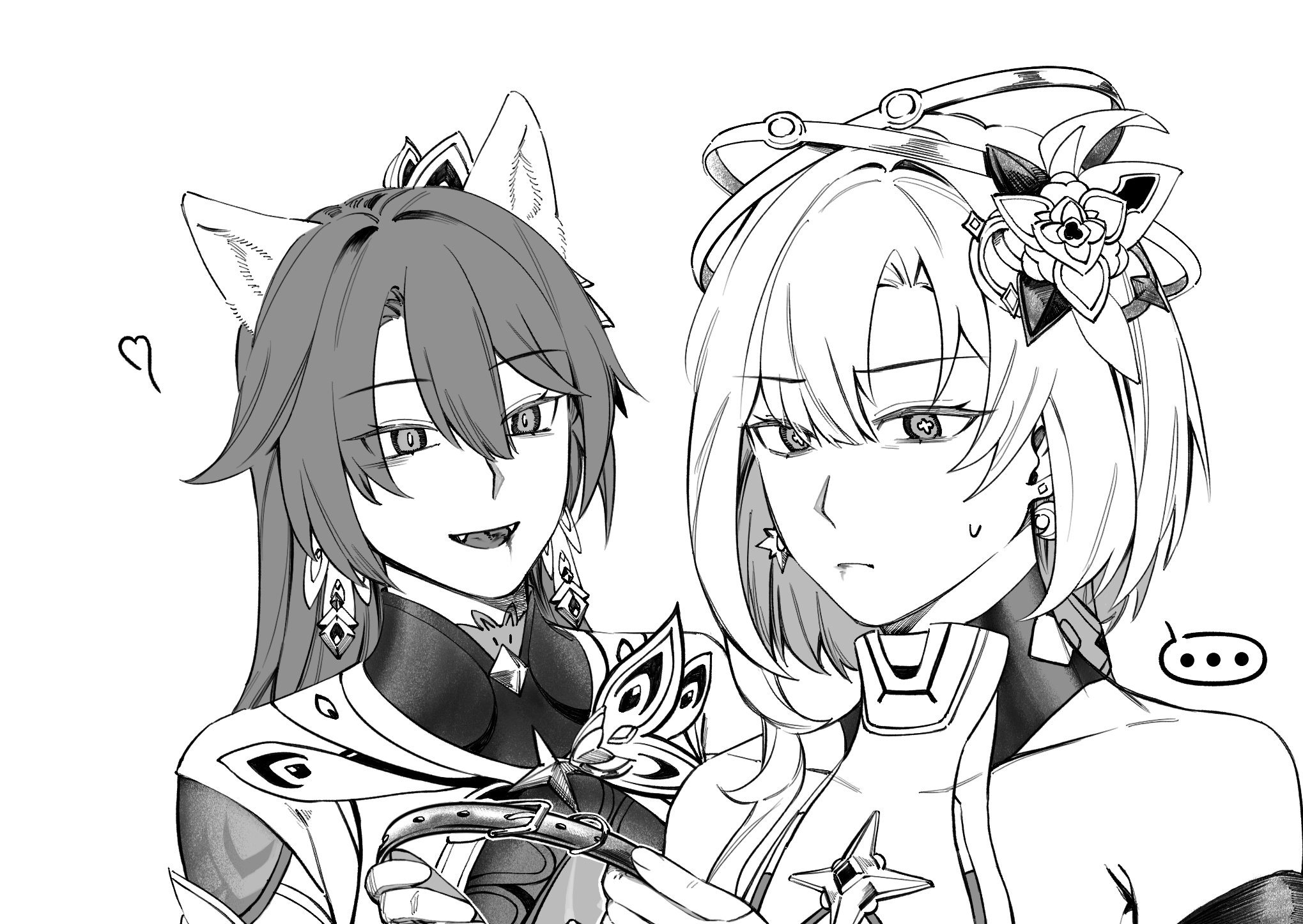 griseo, griseo (cosmic expression), vita (honkai impact), vita (lone planetfarer) (honkai impact), honkai (series), honkai impact 3rd, highres, …, 2girls, animal ears, bare shoulders, blood, blood from mouth, cat ears, cat girl, greyscale, hair ornament, holding, holding jewelry, holding necklace, jewelry, long hair, monochrome, multiple girls, necklace, plume.v, sweatdrop