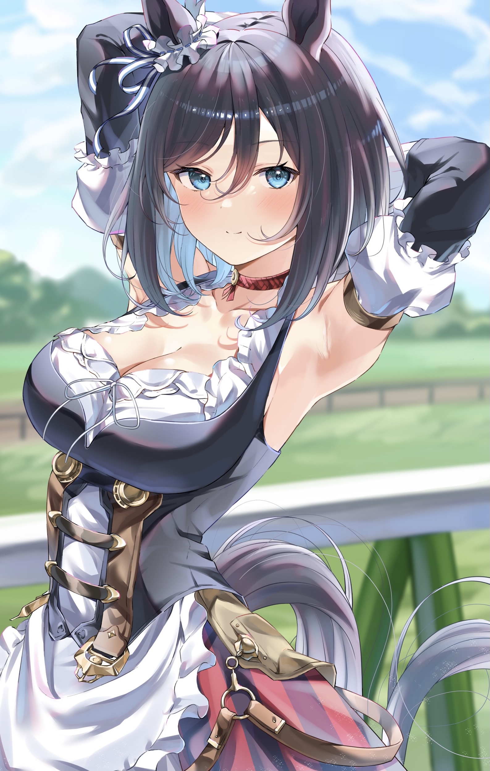 bochibochi (gyuuniku 6000), eishin flash (umamusume), umamusume, absurdres, highres, 1girl, animal ears, apron, armpits, arms up, belt, black hair, blue eyes, blurry, blurry background, bob cut, breasts, choker, cleavage, collarbone, cowboy shot, day, detached sleeves, dirndl, frilled apron, frills, german clothes, grass, hair between eyes, hair ornament, horse ears, horse girl, horse tail, large breasts, looking at viewer, medium hair, o-ring, outdoors, presenting armpit, racetrack, racing colors, red choker, sky, smile, solo, split mouth, swept bangs, tail
