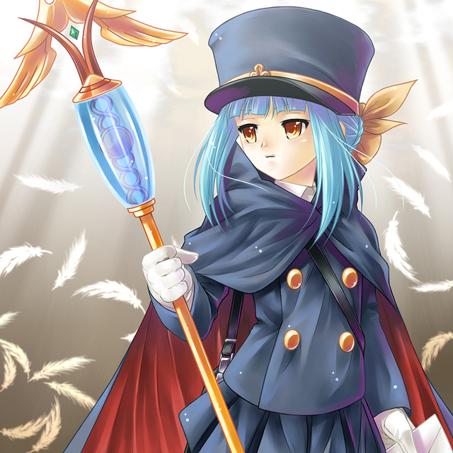 ayato, fumika, kanaka, shigofumi, 00s, bag, blue hair, cape, feathers, gloves, hat, letter, satchel, shako cap, solo, staff, yellow eyes