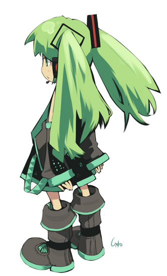 inemuri uno, hatsune miku, vocaloid, aged down, green eyes, green hair, inemuriuno, solo, twintails