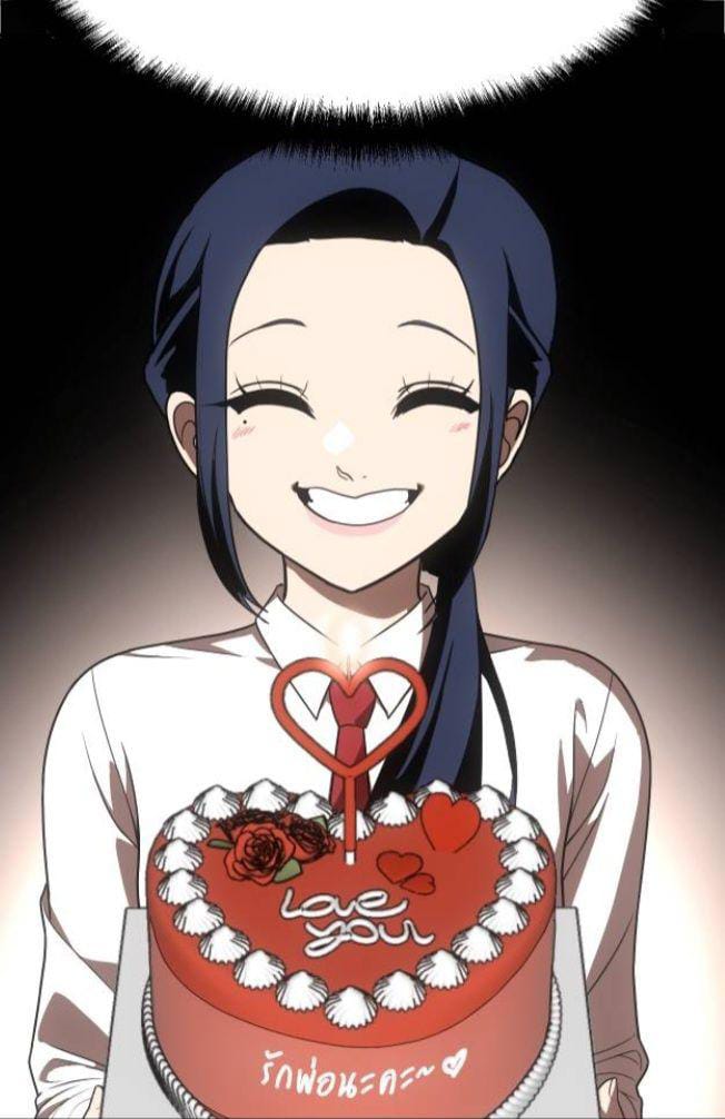 official art, 1girl, black background, blue hair, blush, closed eyes, fanart digital, female focus, flower, food, full body, happy, happy birthday, lee hyena, long hair, looking at viewer, pastry, pastry box, plaything, shirt, smile, smiley face, teeth, white shirt