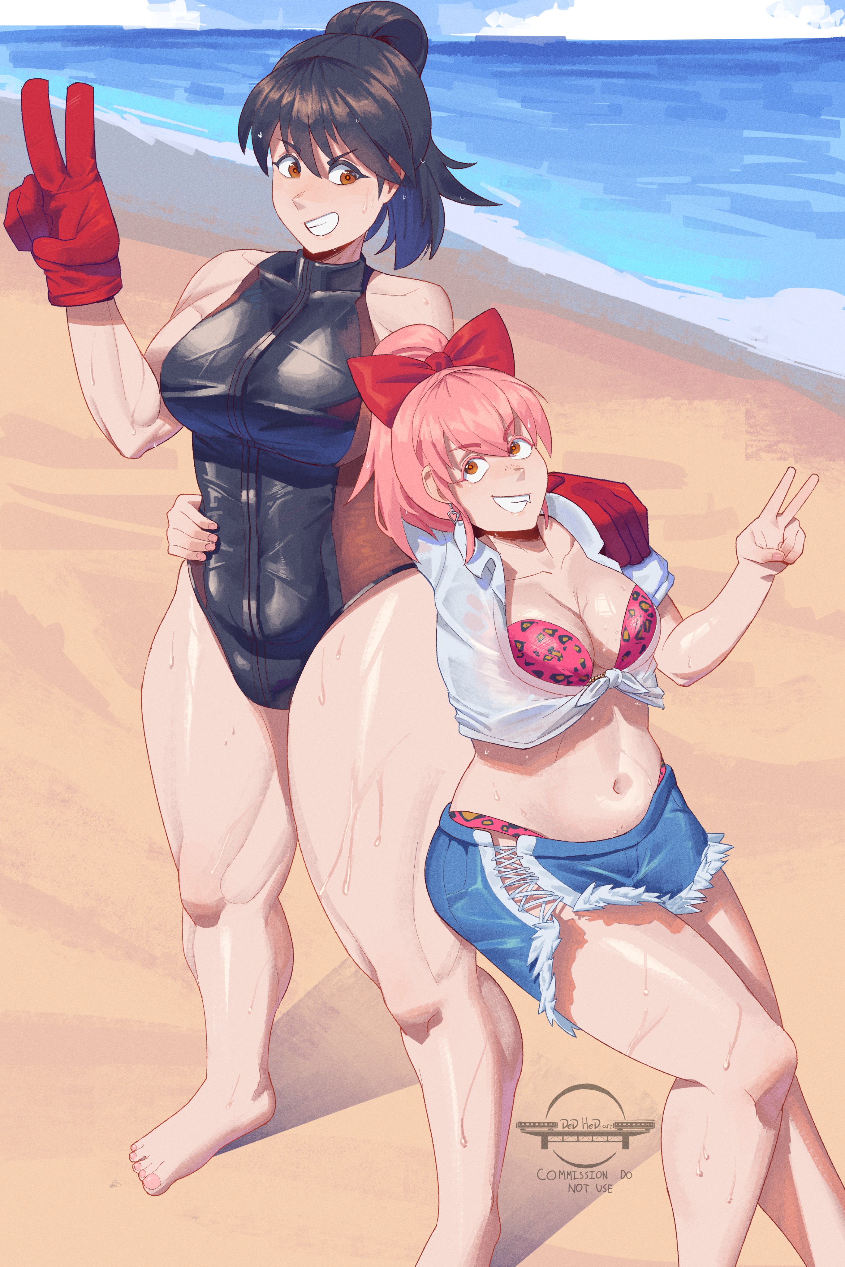 dedhed art, gina (undead unluck), izumo fuuko, undead unluck, absurdres, highres, barefoot, beach, bikini, black hair, breasts, gloves, hair ribbon, large breasts, one-piece swimsuit, pink hair, ponytail, print bikini, red eyes, red gloves, red ribbon, ribbon, shorts, swimsuit, thighs
