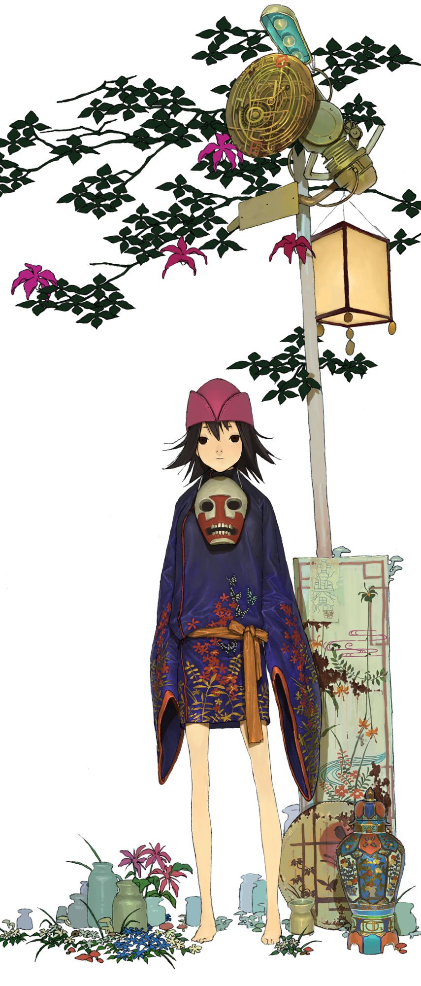 task utsushita, utsu, original, traditional clothes, bad id, bad pixiv id, highres, long image, tall image, 1girl, bare legs, barefoot, black eyes, black hair, expressionless, female focus, flower, flower pot, hat, japanese clothes, jar, kimono, lantern, long sleeves, mask, mask around neck, orange ribbon, paper lantern, plant, pole, potted plant, red hat, ribbon, sash, short kimono, simple background, skinny, slender, solo, standing, unworn mask, vase, white background, wide sleeves