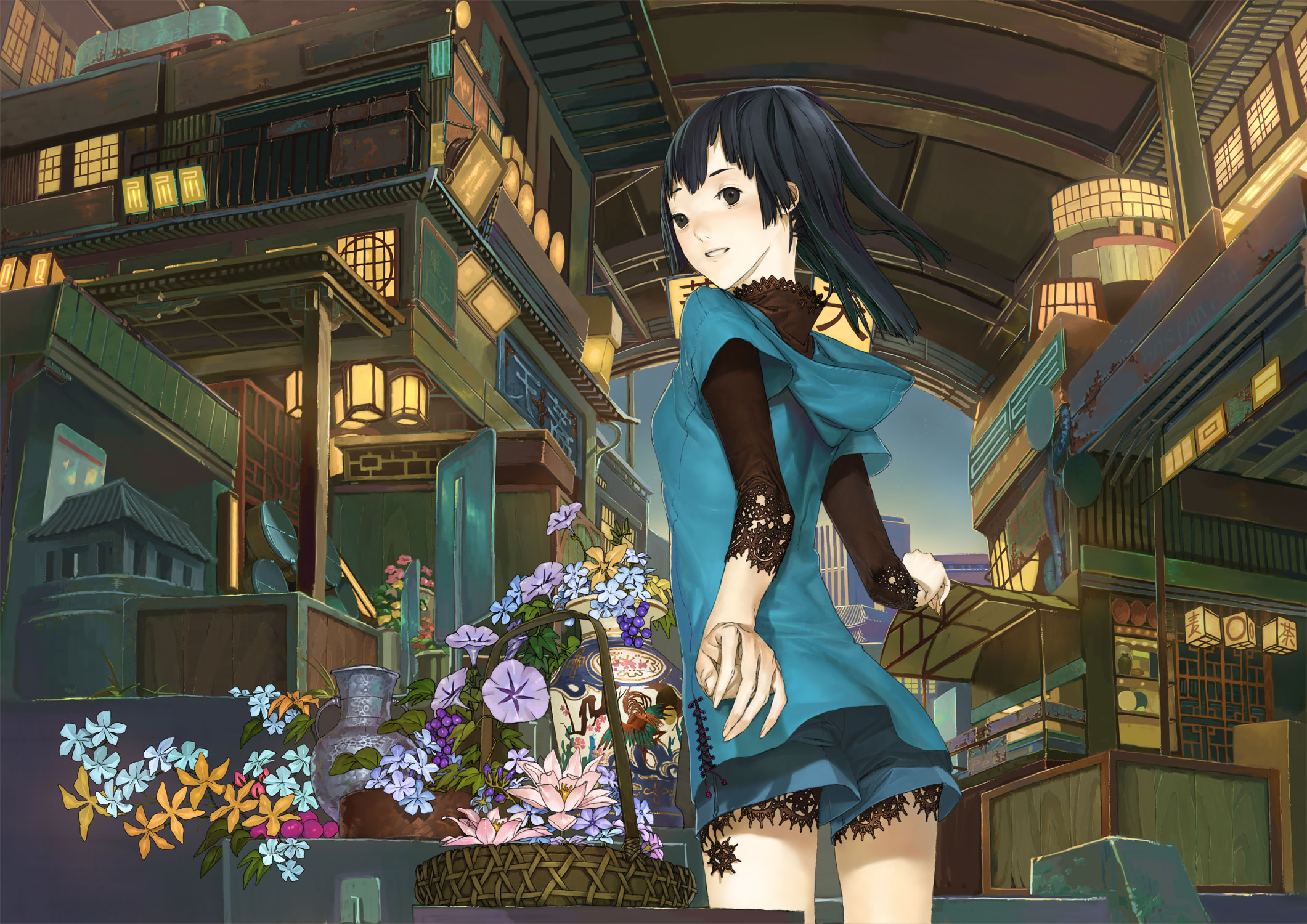 task utsushita, utsu, original, bad id, bad pixiv id, highres, 1girl, architecture, basket, black eyes, black hair, building, cowboy shot, cross-laced clothes, east asian architecture, female focus, flower, food, from behind, from side, fruit, grapes, grey eyes, hood, hoodie, lace, looking at viewer, looking back, morning glory, short shorts, shorts, solo, teeth, vase