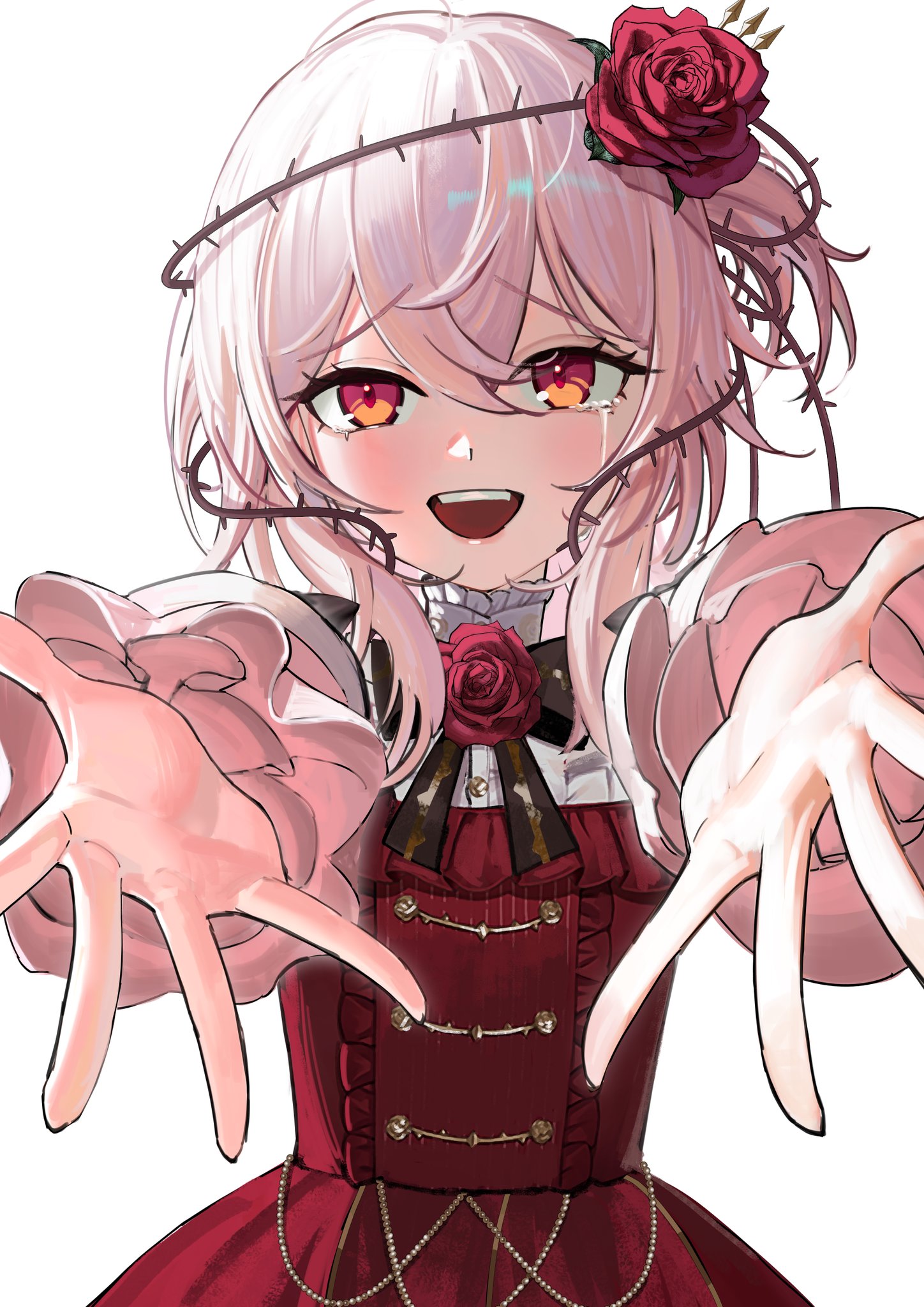 massiveyog, rosemi lovelock, rosemi lovelock (1st costume), nijisanji, nijisanji en, commentary, highres, symbol-only commentary, 1girl, blush, crying, crying with eyes open, dress, flower, hair flower, hair ornament, hair vines, medium hair, pink hair, reaching, reaching towards viewer, red dress, red eyes, red flower, red rose, rose, simple background, solo, tears, thorns, virtual graduation commemoration, virtual youtuber, white background